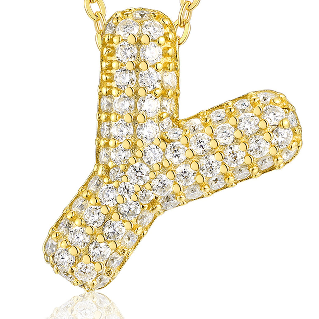 Initial Y Moissanite Bubble Pendant Necklace in Gold-Tone Sterling Silver — detail