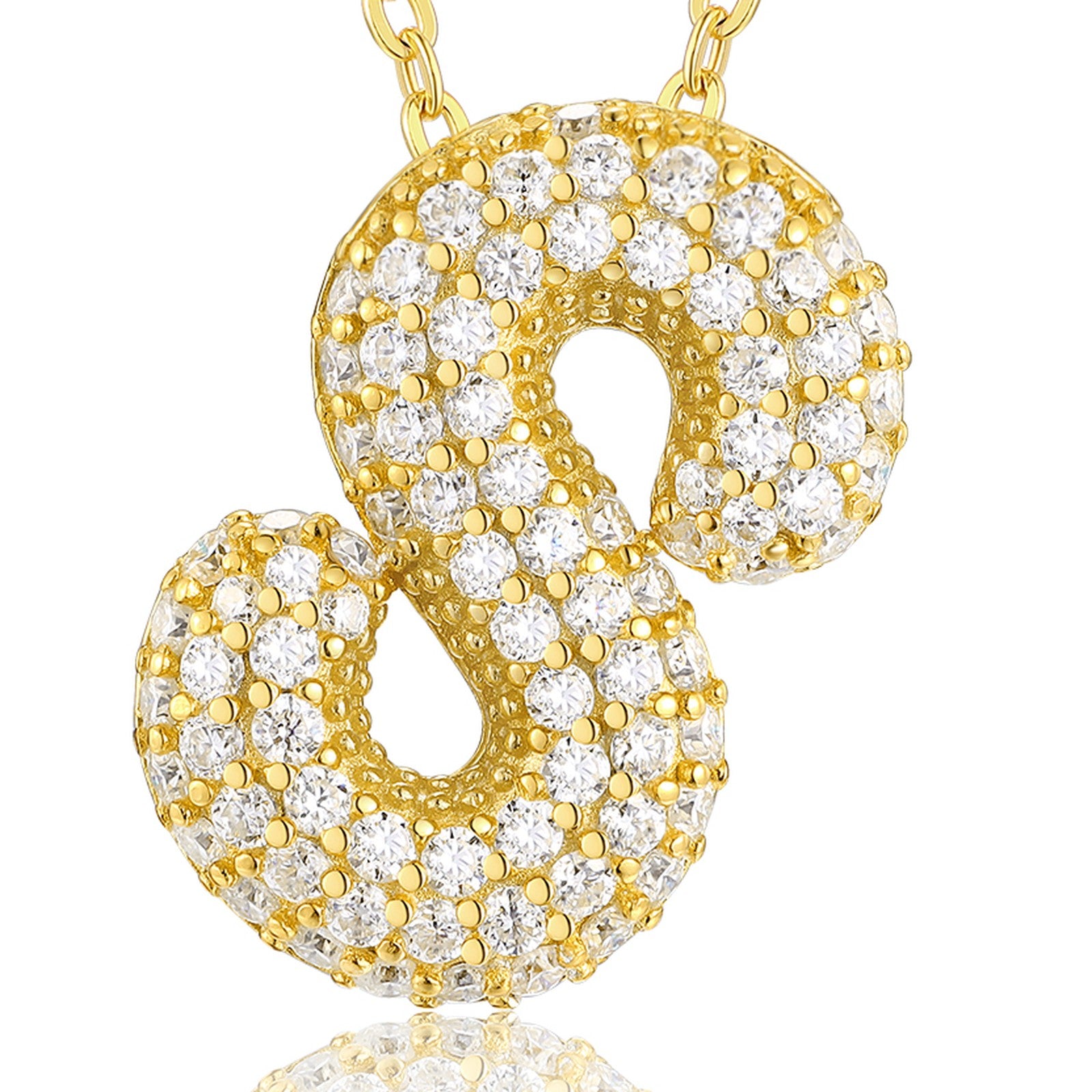 Initial S Moissanite Bubble Pendant Necklace in Gold-Tone Sterling Silver — detail