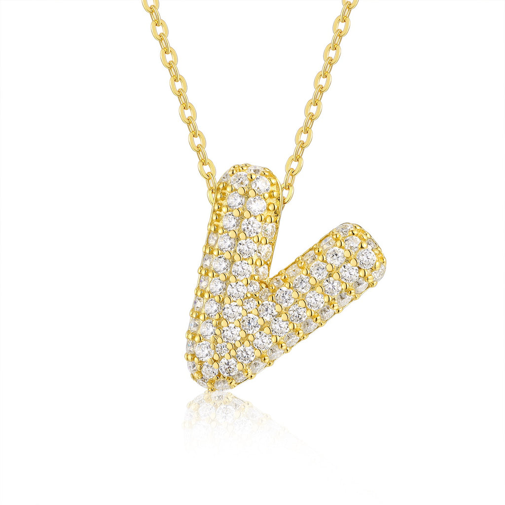 Initial V Moissanite Bubble Pendant Necklace in Gold-Tone Sterling Silver