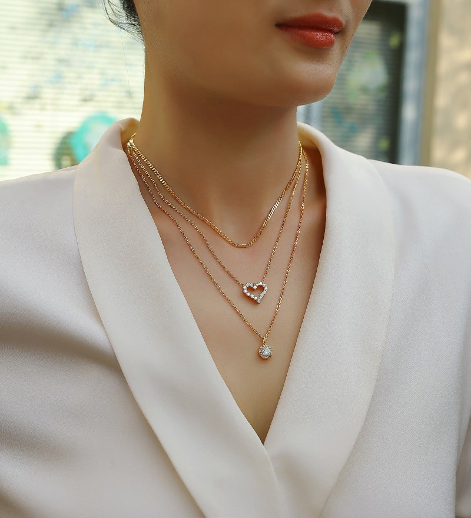Harmony Moissanite Layered Heart Necklace in Gold-Tone Sterling Silver