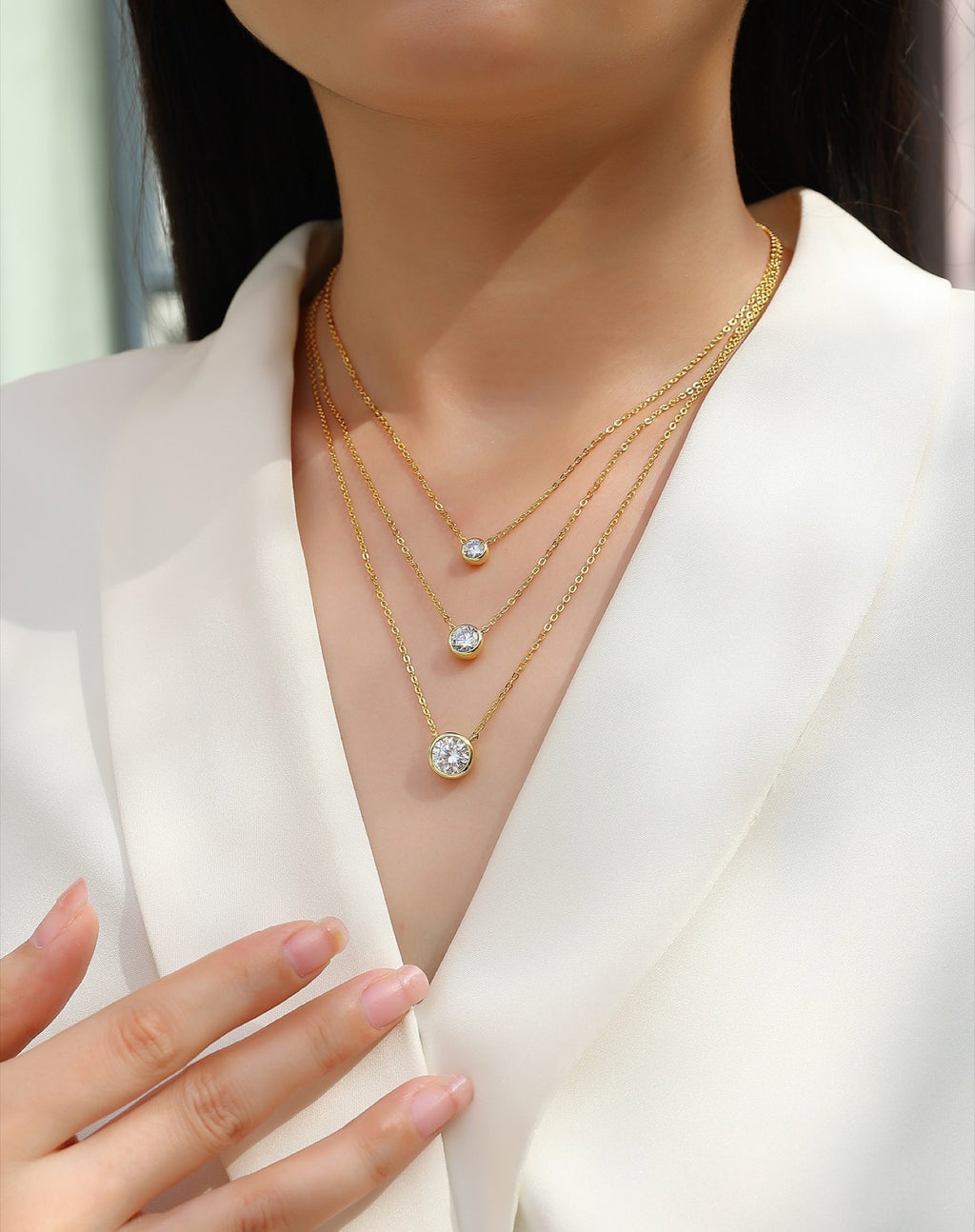 Element 2 Carat Moissanite Triple Layered Necklace in Gold-Tone Sterling Silver