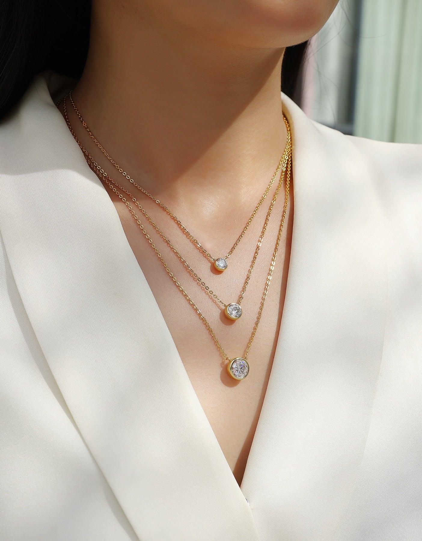 Element 2 Carat Moissanite Triple Layered Necklace in Gold-Tone Sterling Silver