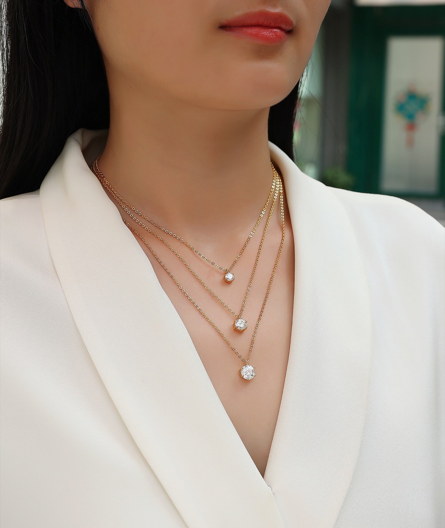 Frosting 2 Carat Moissanite Triple Layered Necklace in Gold-Tone Sterling Silver