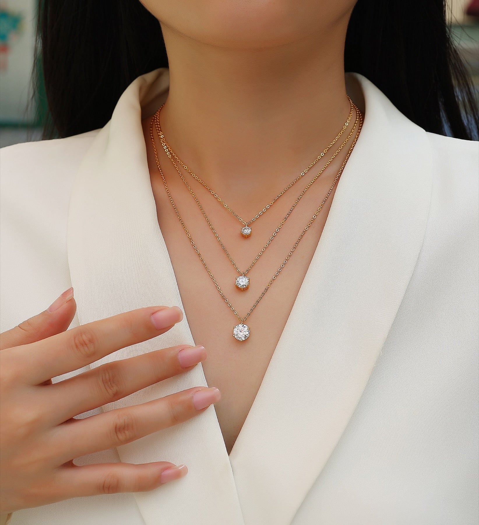 Frosting 2 Carat Moissanite Triple Layered Necklace in Gold-Tone Sterling Silver