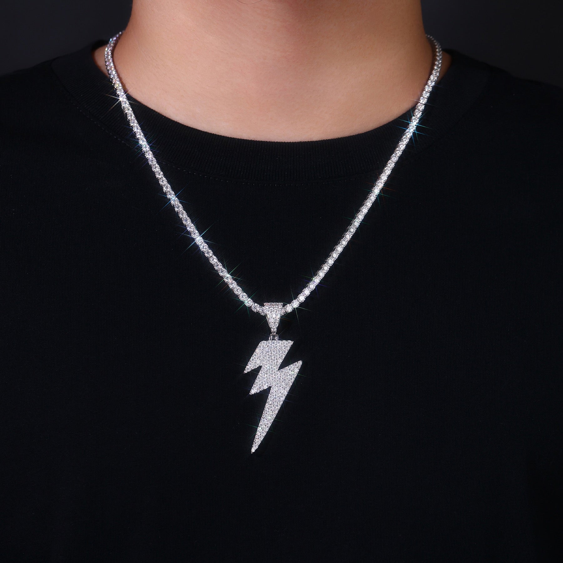 Thunder Moissanite Lightning Bolt Pendant Necklace in Sterling Silver