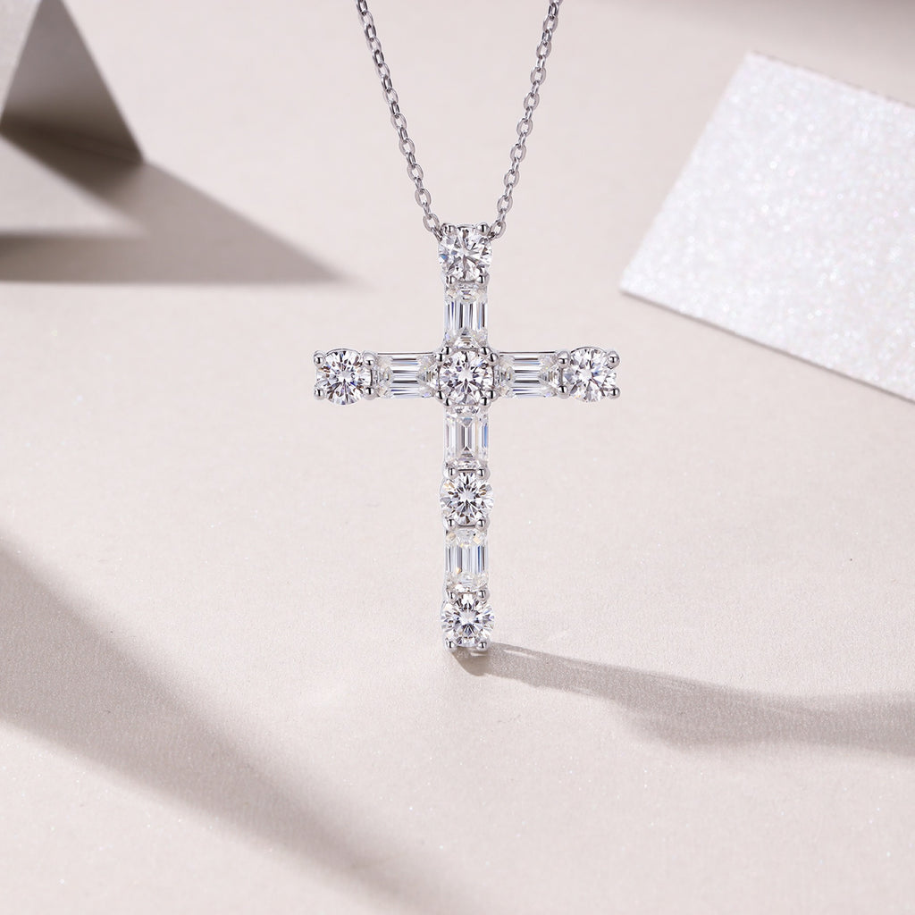 Faithlight Moissanite Cross Necklace in Sterling Silver