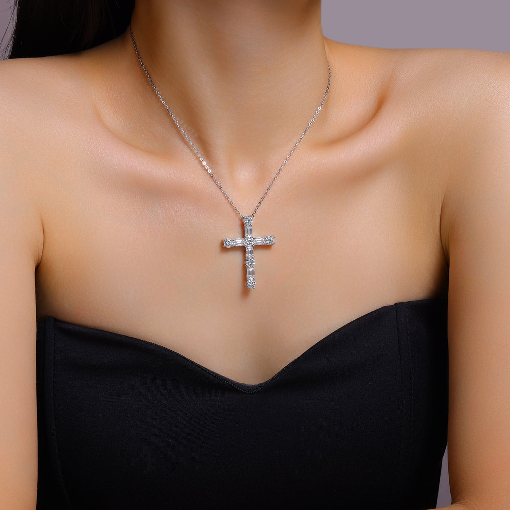 Faithlight Moissanite Cross Necklace in Sterling Silver