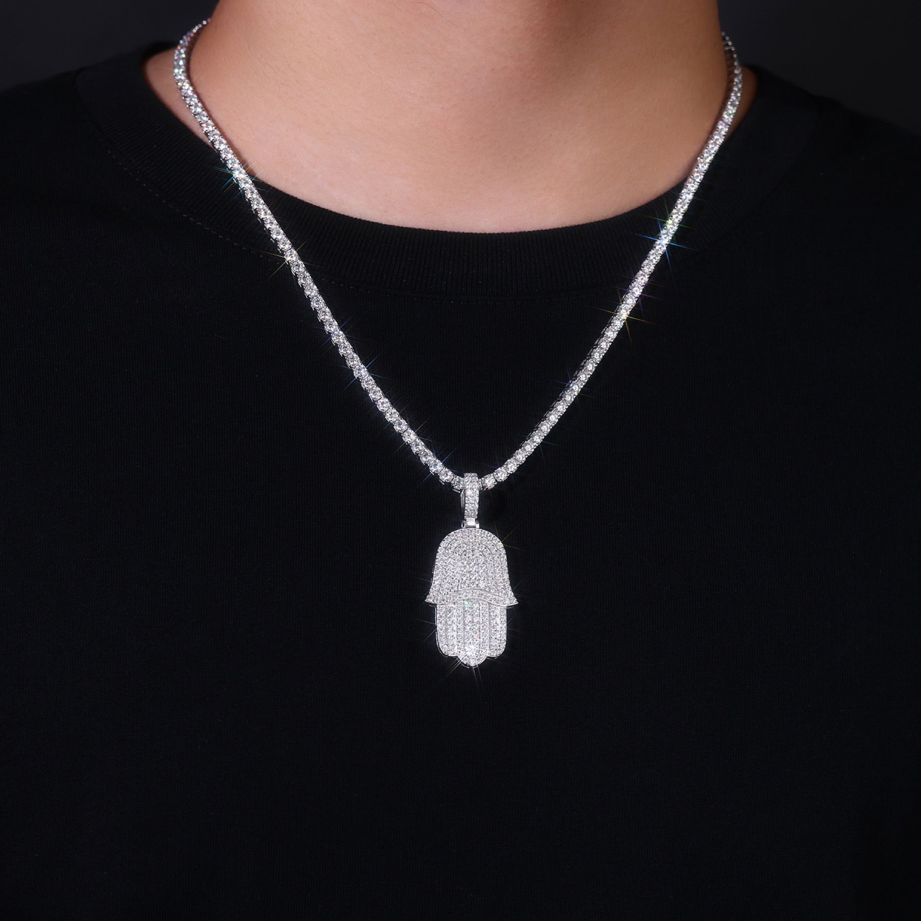 Hamsa Moissanite Hamsa Pendant Necklace in Sterling Silver