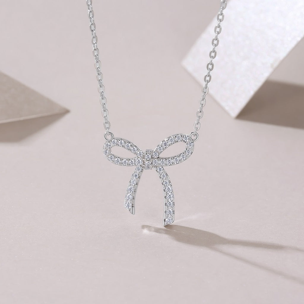 Coquette Moissanite Bow Pendant Necklace in Sterling Silver