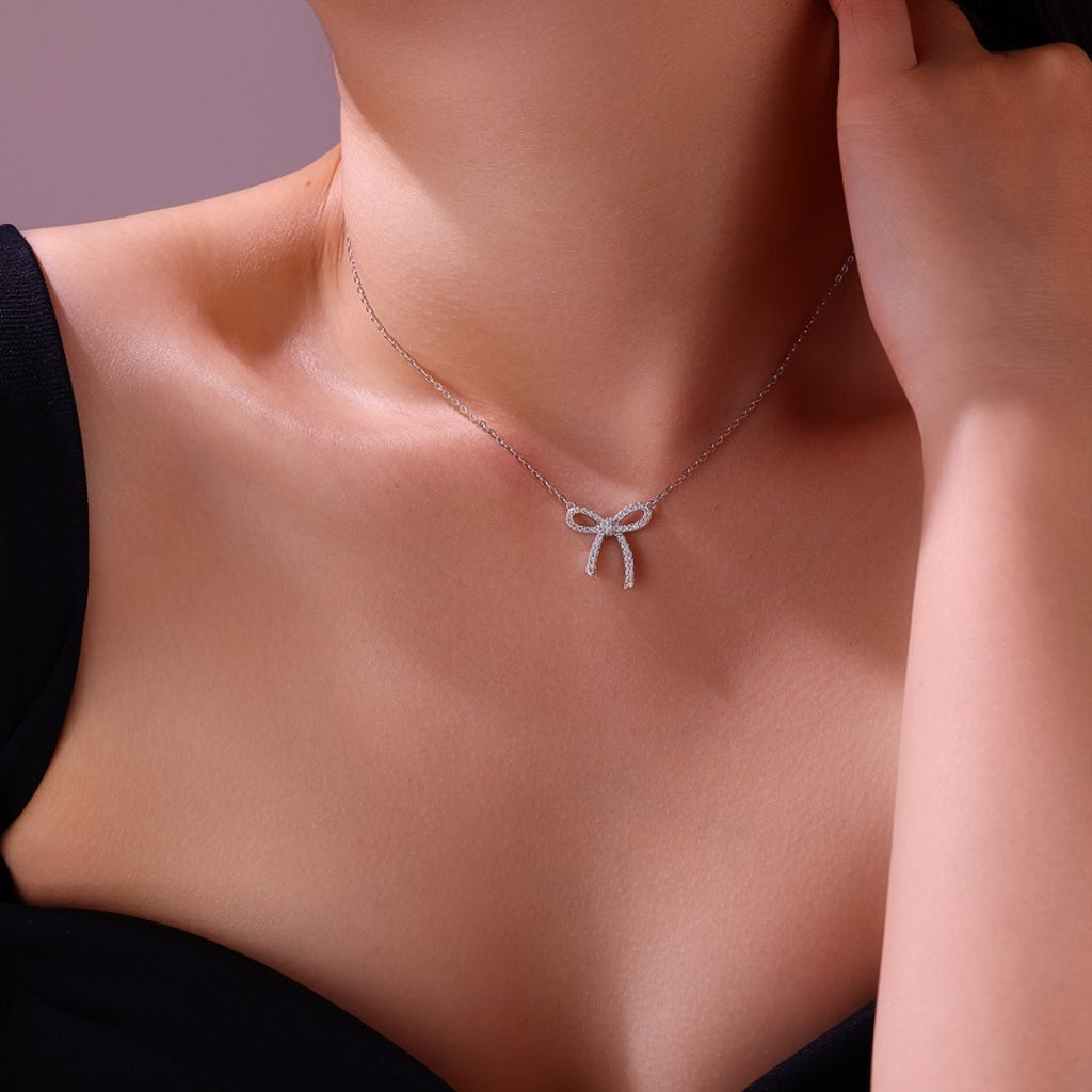 Coquette Moissanite Bow Pendant Necklace in Sterling Silver
