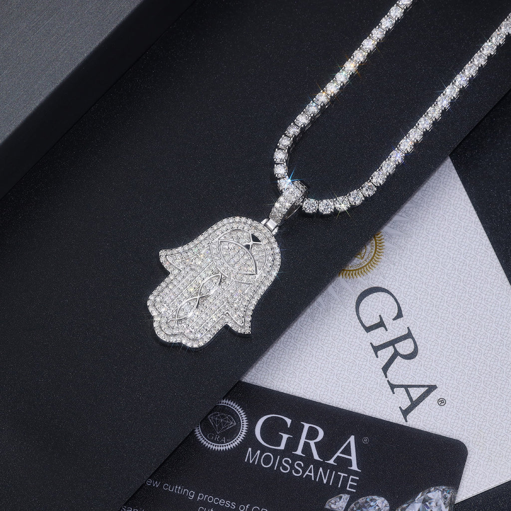 Khamsa Moissanite Hamsa Pendant Necklace in Sterling Silver