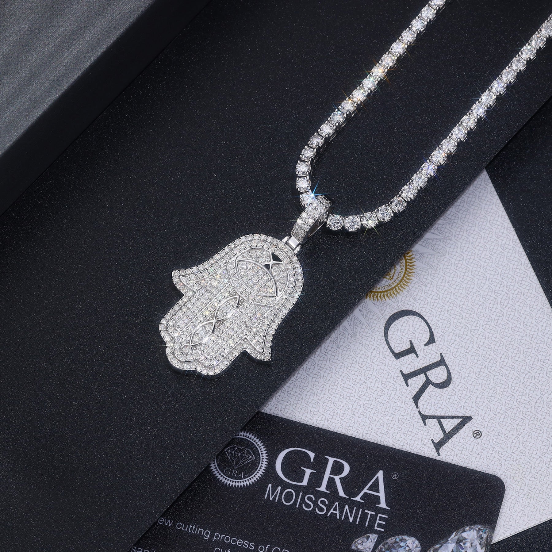 Khamsa Moissanite Hamsa Pendant Necklace in Sterling Silver