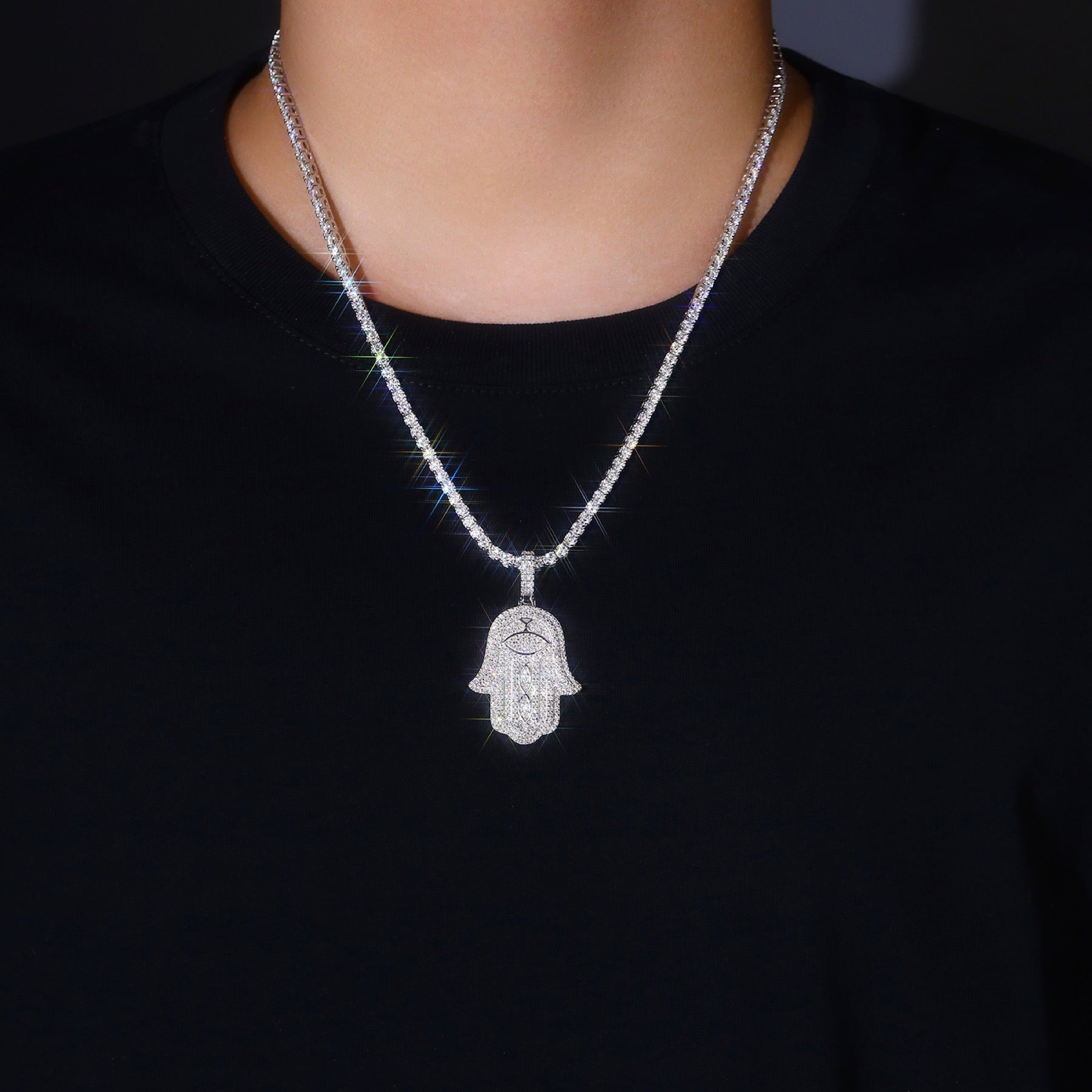 Khamsa Moissanite Hamsa Pendant Necklace in Sterling Silver