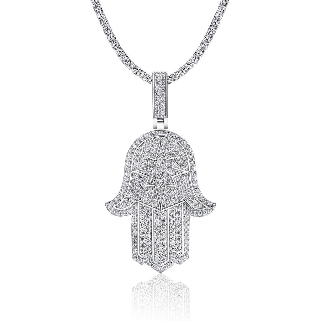 Protector Moissanite Hamsa Pendant Necklace in Sterling Silver