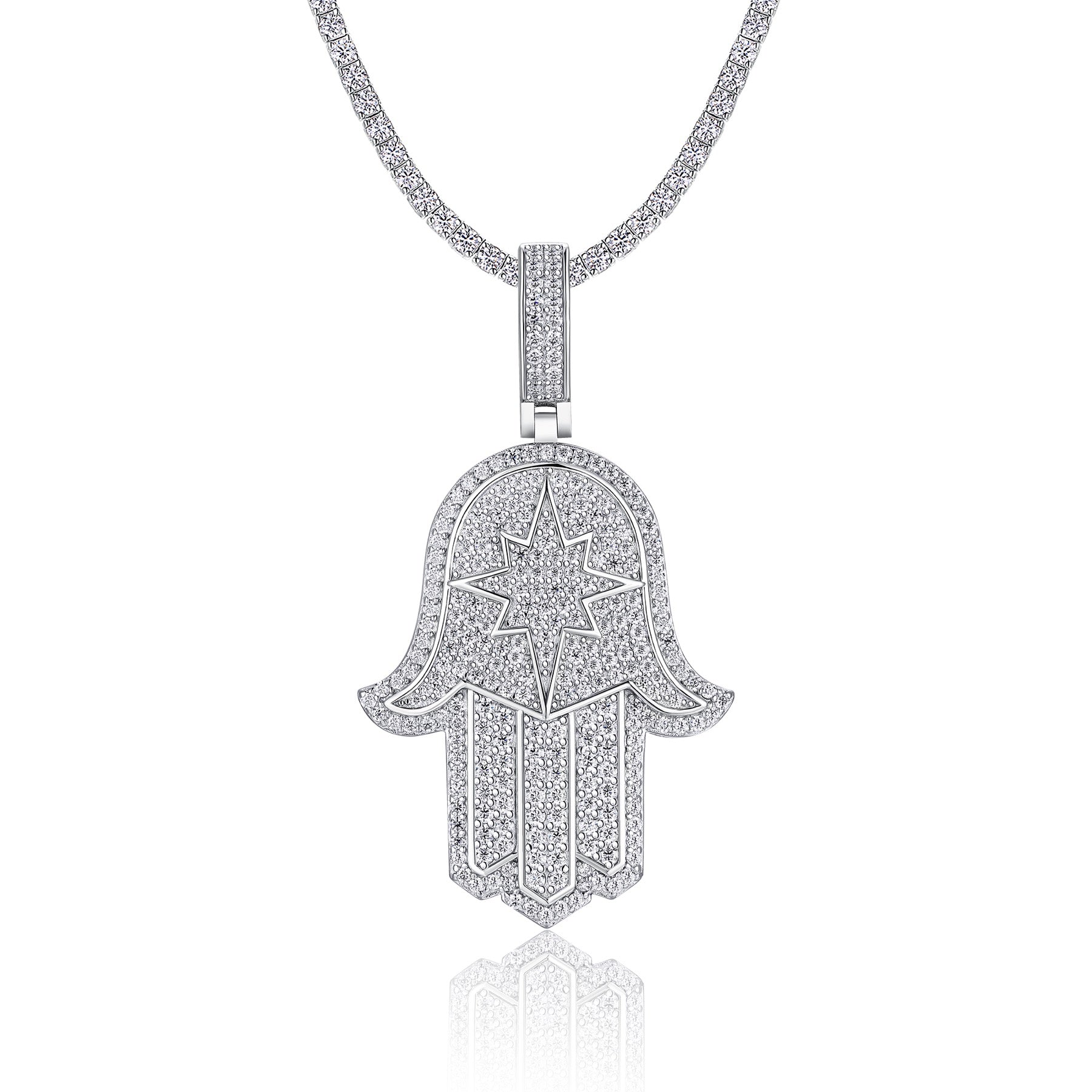 Protector Moissanite Hamsa Pendant Necklace in Sterling Silver