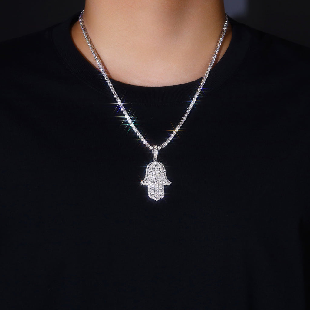 Protector Moissanite Hamsa Pendant Necklace in Sterling Silver