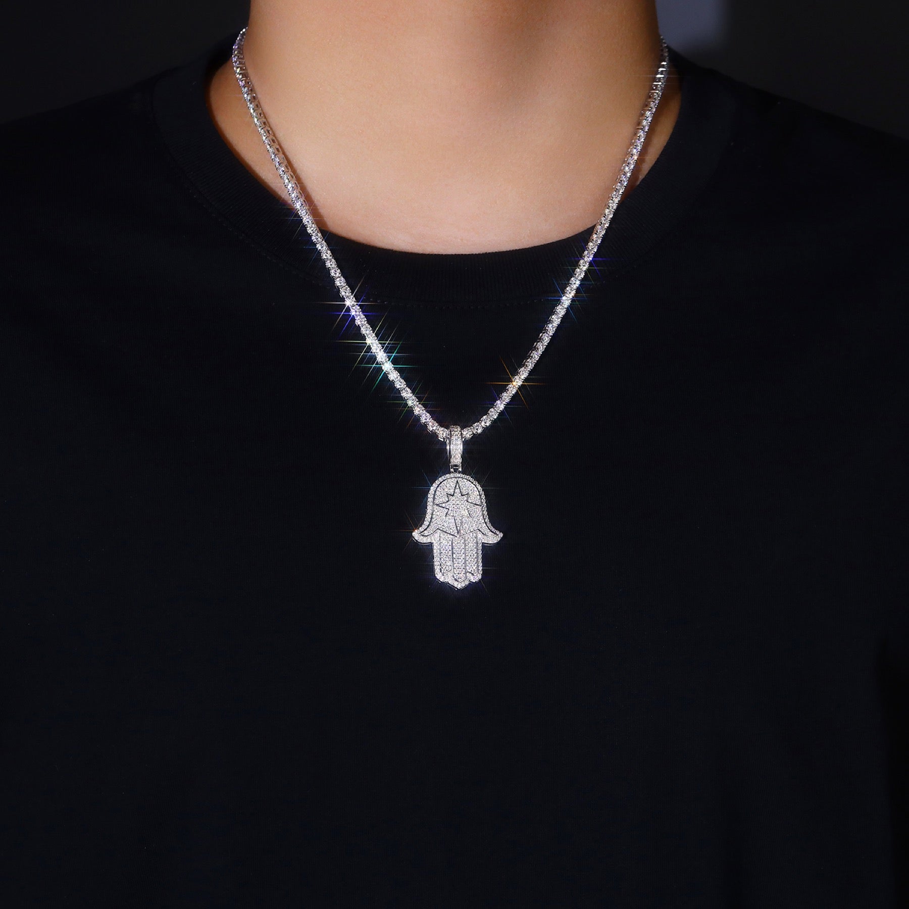 Protector Moissanite Hamsa Pendant Necklace in Sterling Silver