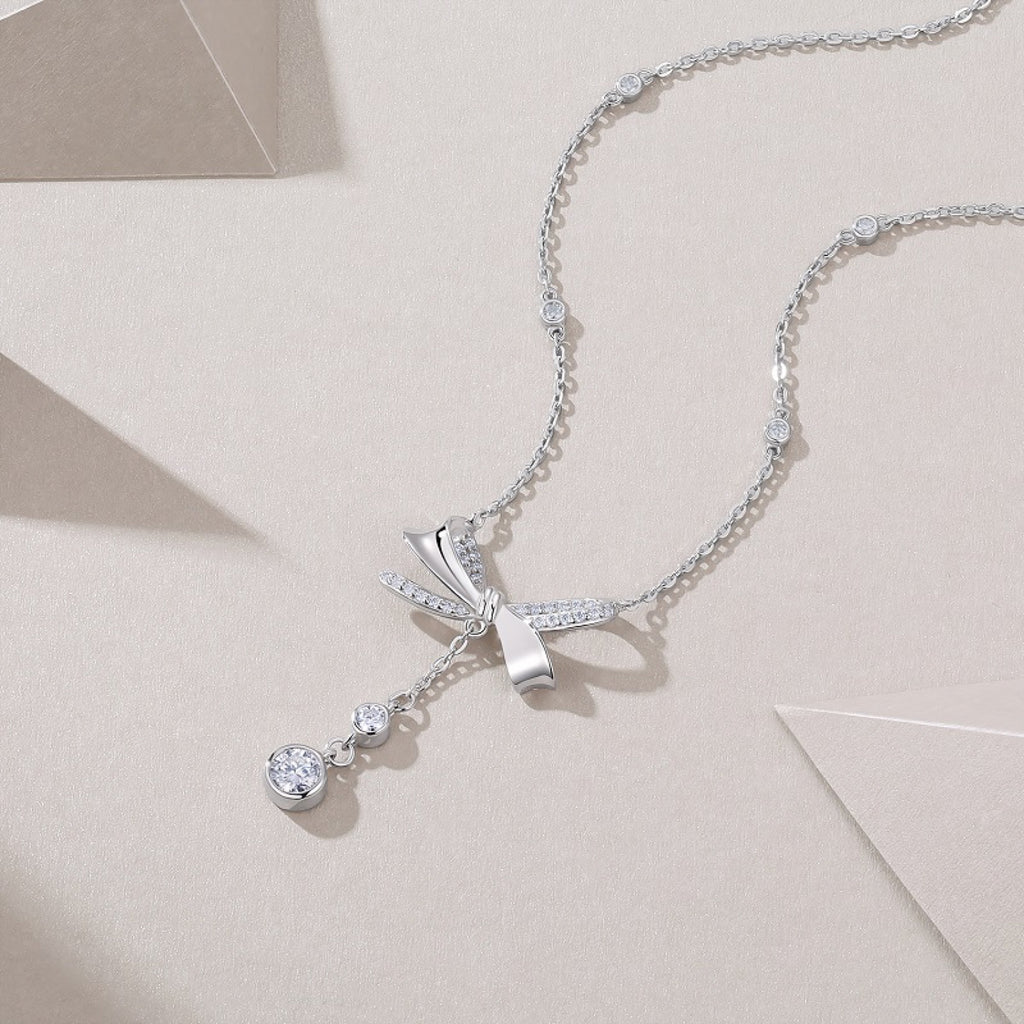Fleur Moissanite Bow Lariat Necklace in Sterling Silver