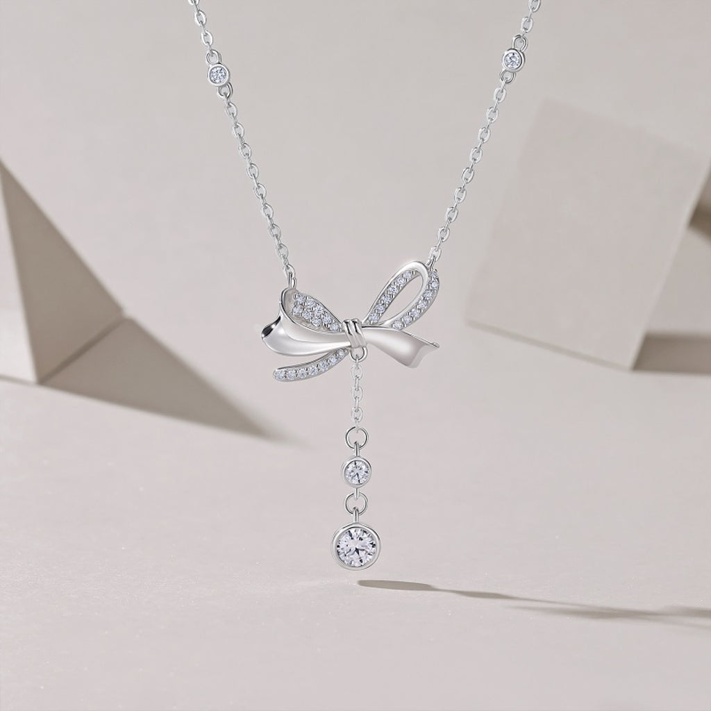 Fleur Moissanite Bow Lariat Necklace in Sterling Silver