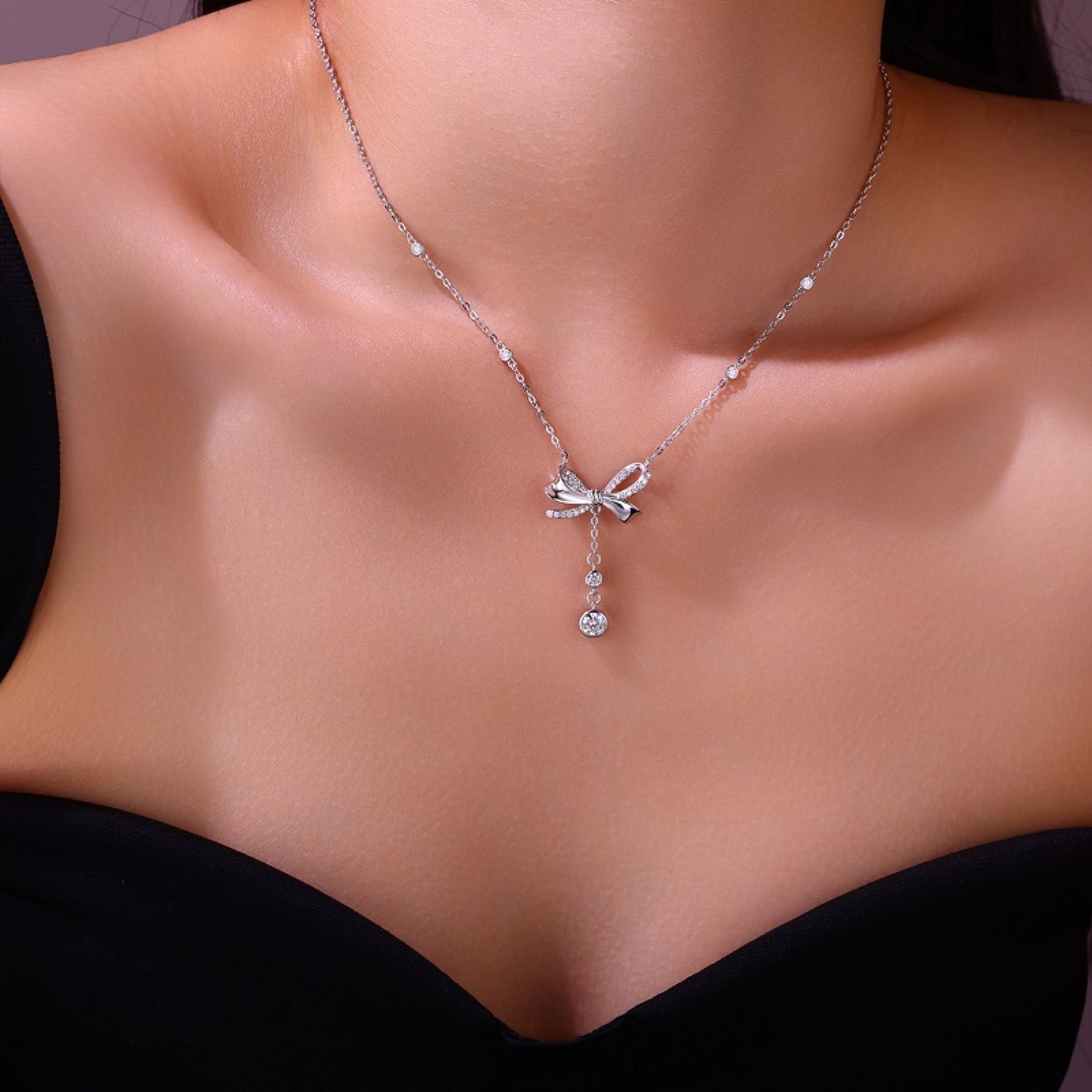Fleur Moissanite Bow Lariat Necklace in Sterling Silver