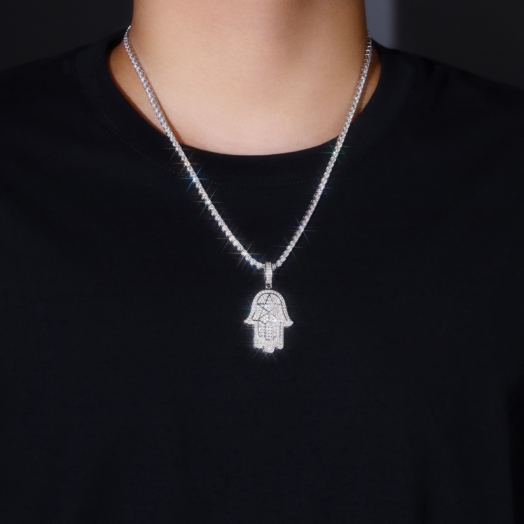 Mano Moissanite Hamsa Pendant Necklace in Sterling Silver