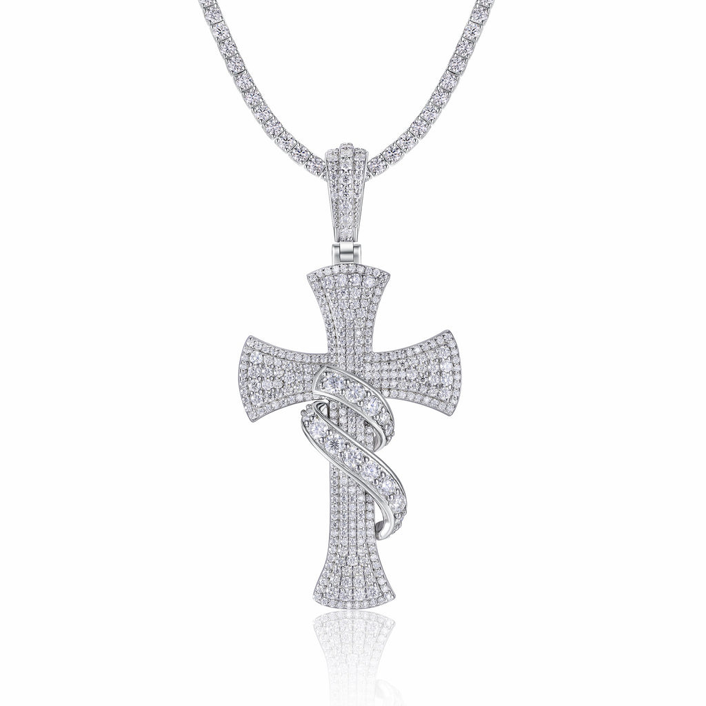 Serpentine Moissanite Cross Necklace in Sterling Silver