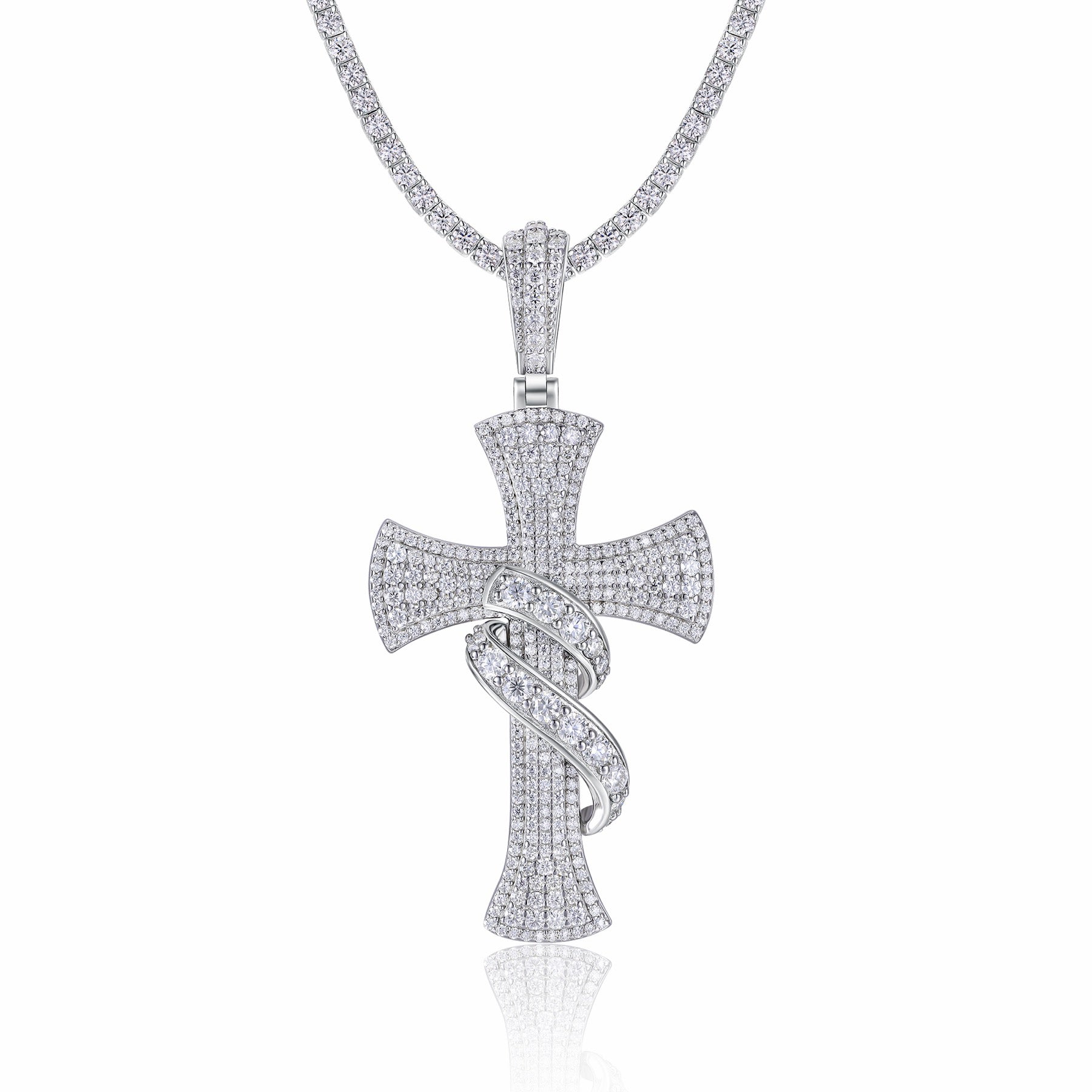 Serpentine Moissanite Cross Necklace in Sterling Silver