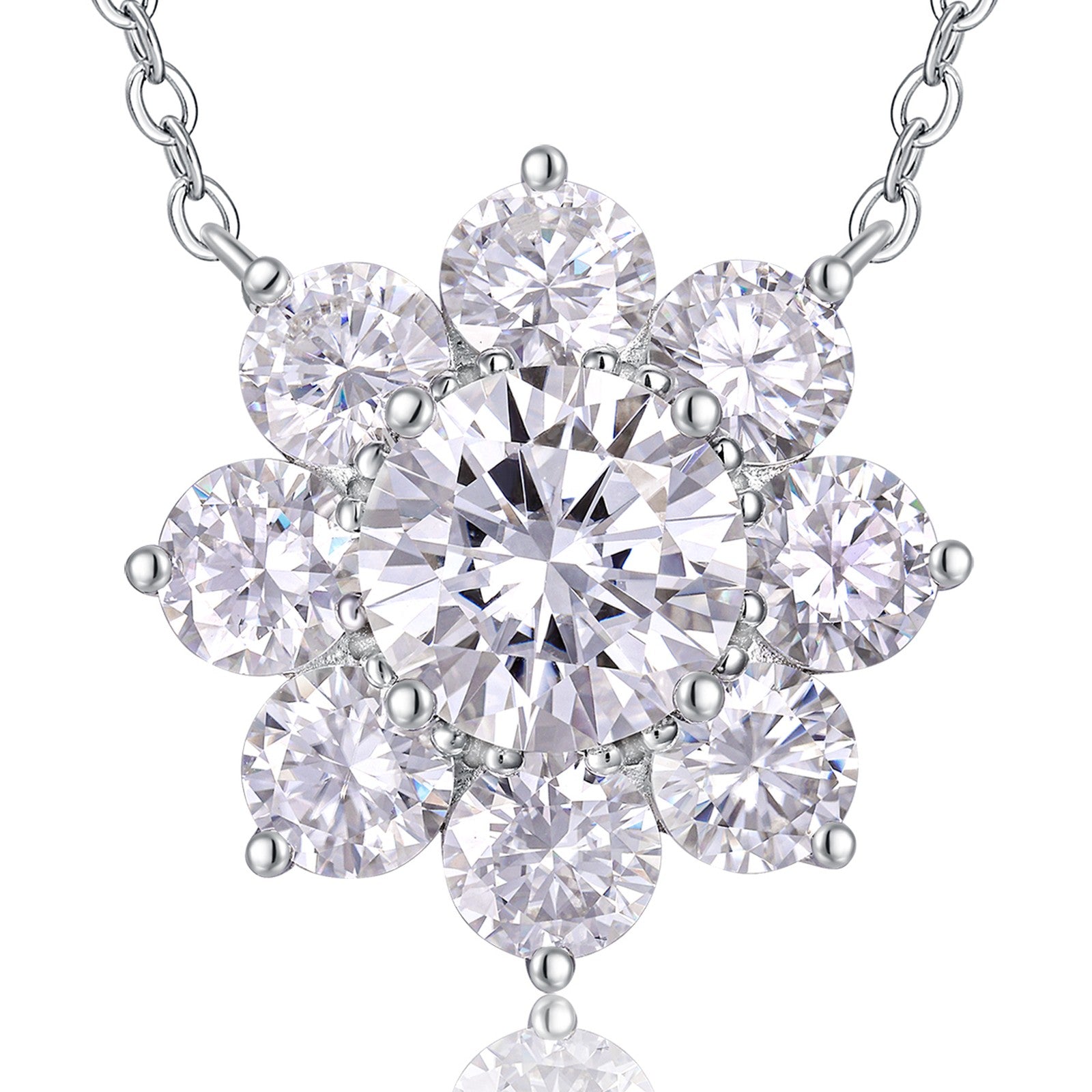 Frostflower 3 Carat Moissanite Flower Pendant Necklace in Sterling Silver — detail
