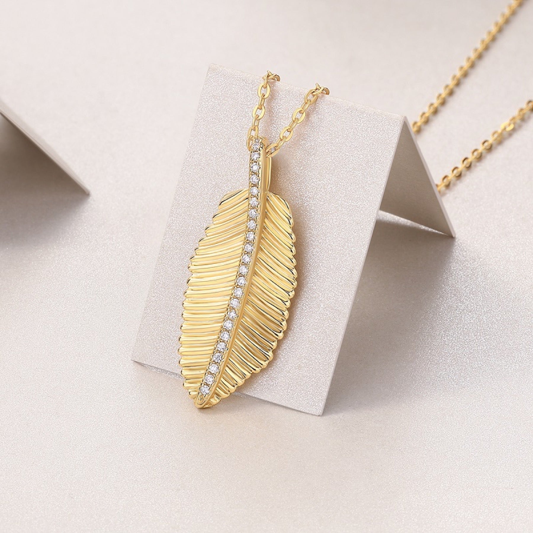 Plume Moissanite Feather Pendant Necklace in Gold-Tone Sterling Silver