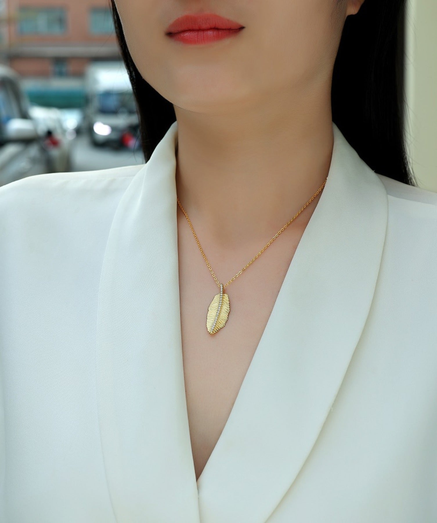 Plume Moissanite Feather Pendant Necklace in Gold-Tone Sterling Silver