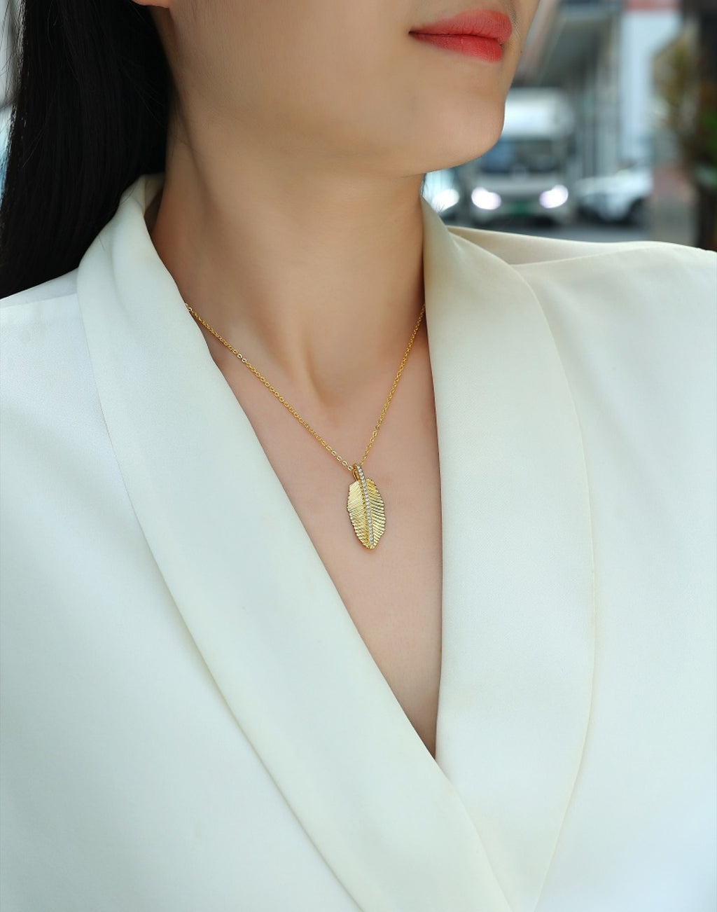 Plume Moissanite Feather Pendant Necklace in Gold-Tone Sterling Silver