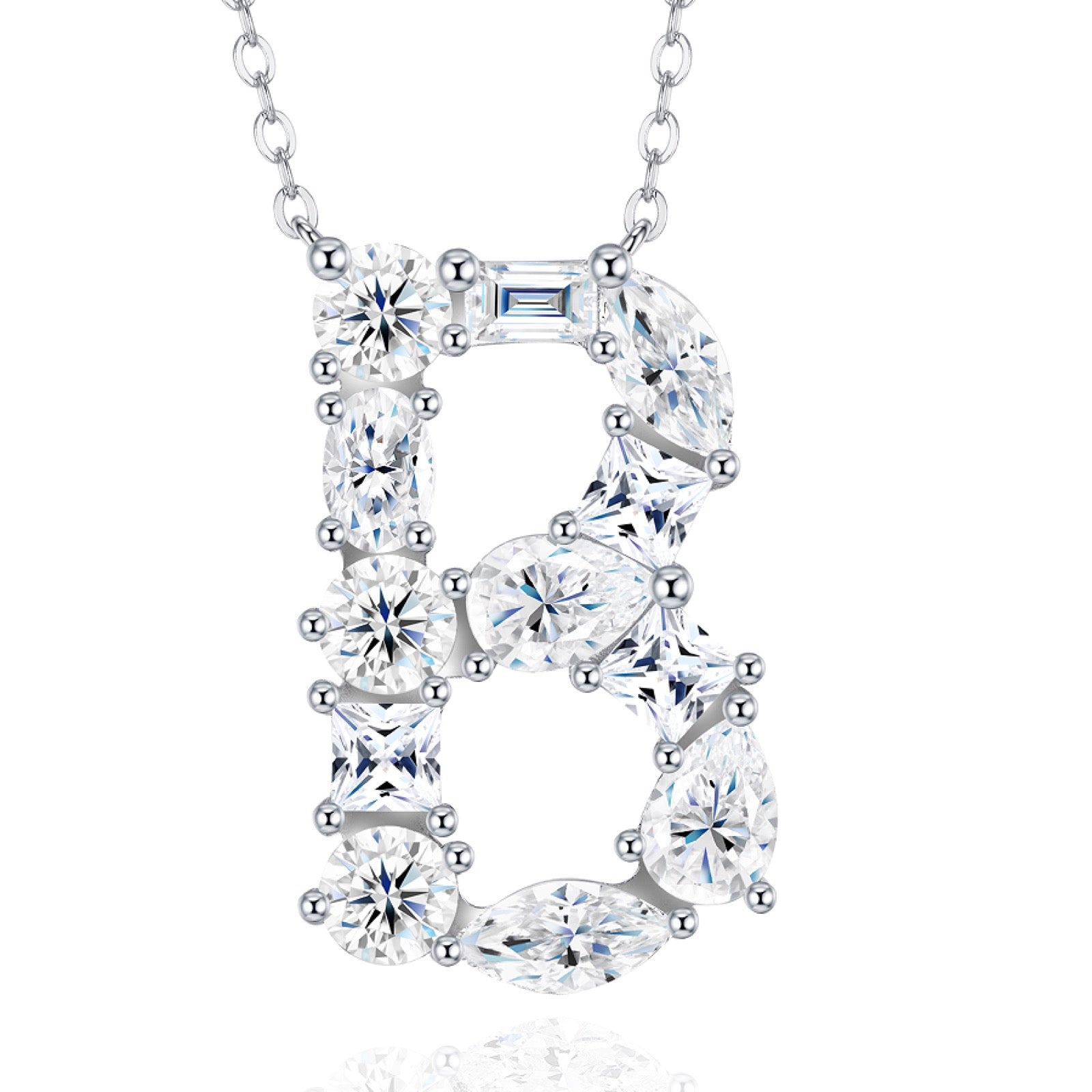 Initial B Moissanite Cluster Initial Pendant Necklace in Sterling Silver