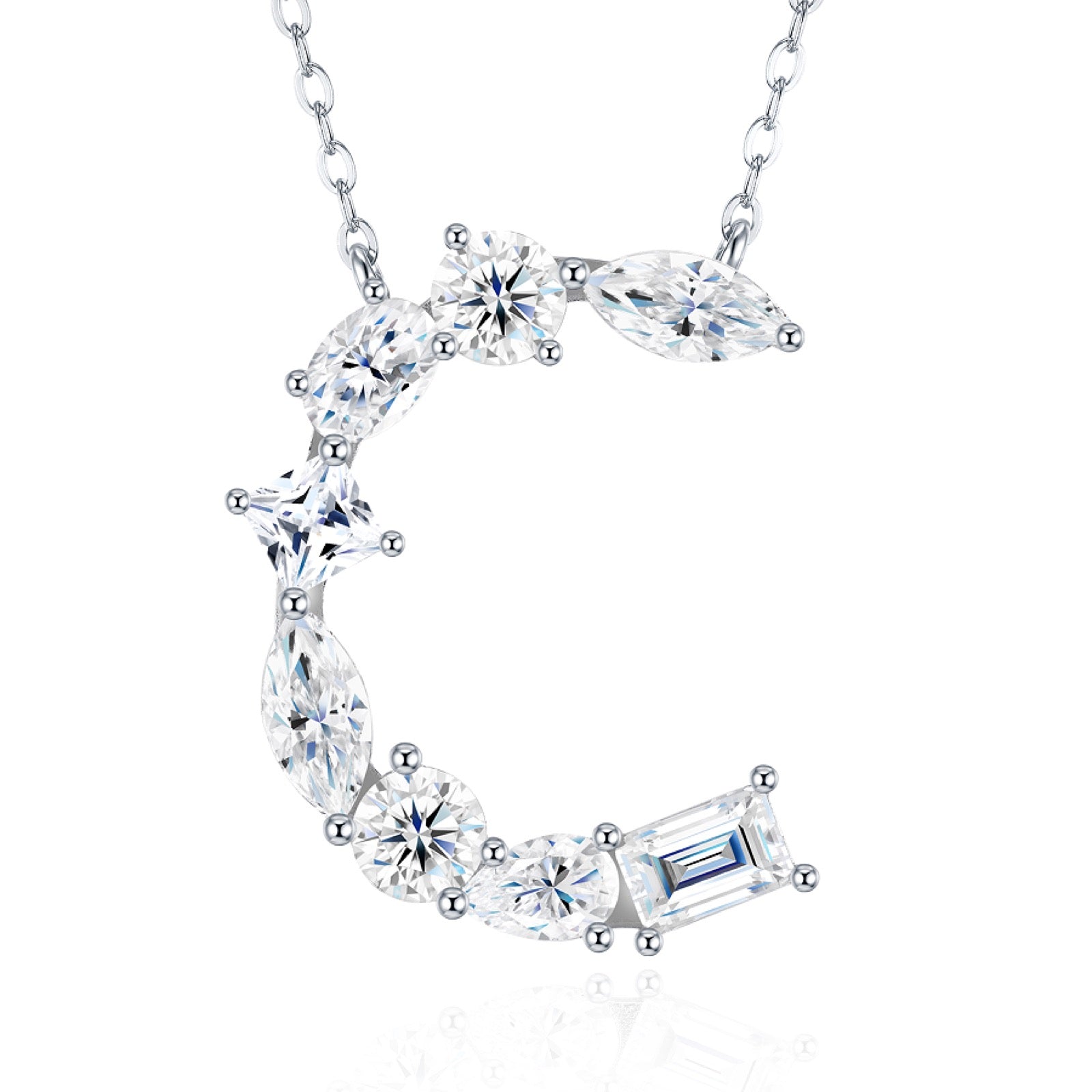 Initial C Moissanite Cluster Initial Pendant Necklace in Sterling Silver