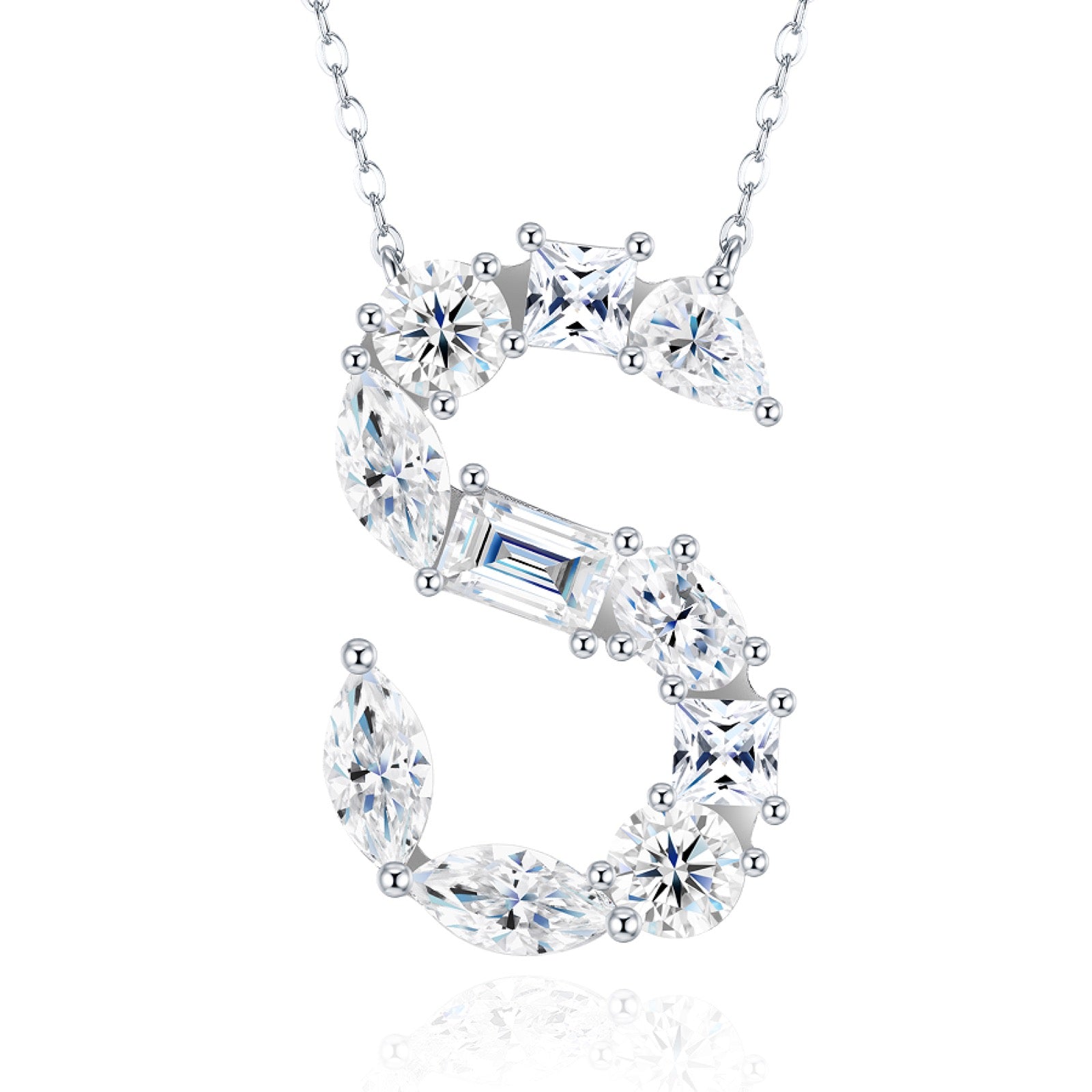 Initial S Moissanite Cluster Initial Pendant Necklace in Sterling Silver