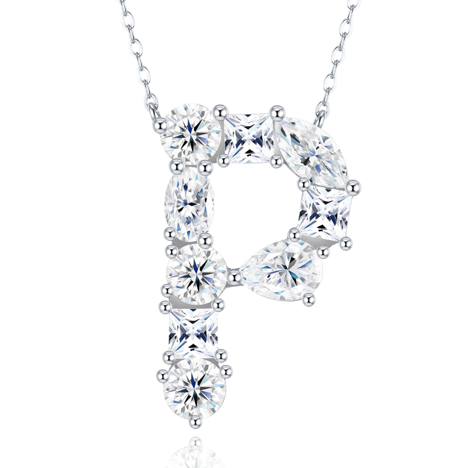 Initial P Moissanite Cluster Initial Pendant Necklace in Sterling Silver