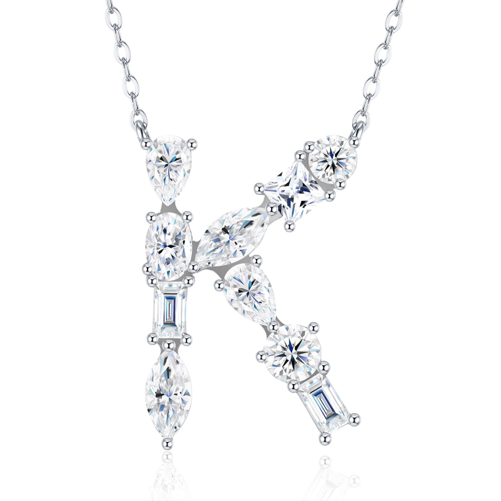 Initial K Moissanite Cluster Initial Pendant Necklace in Sterling Silver