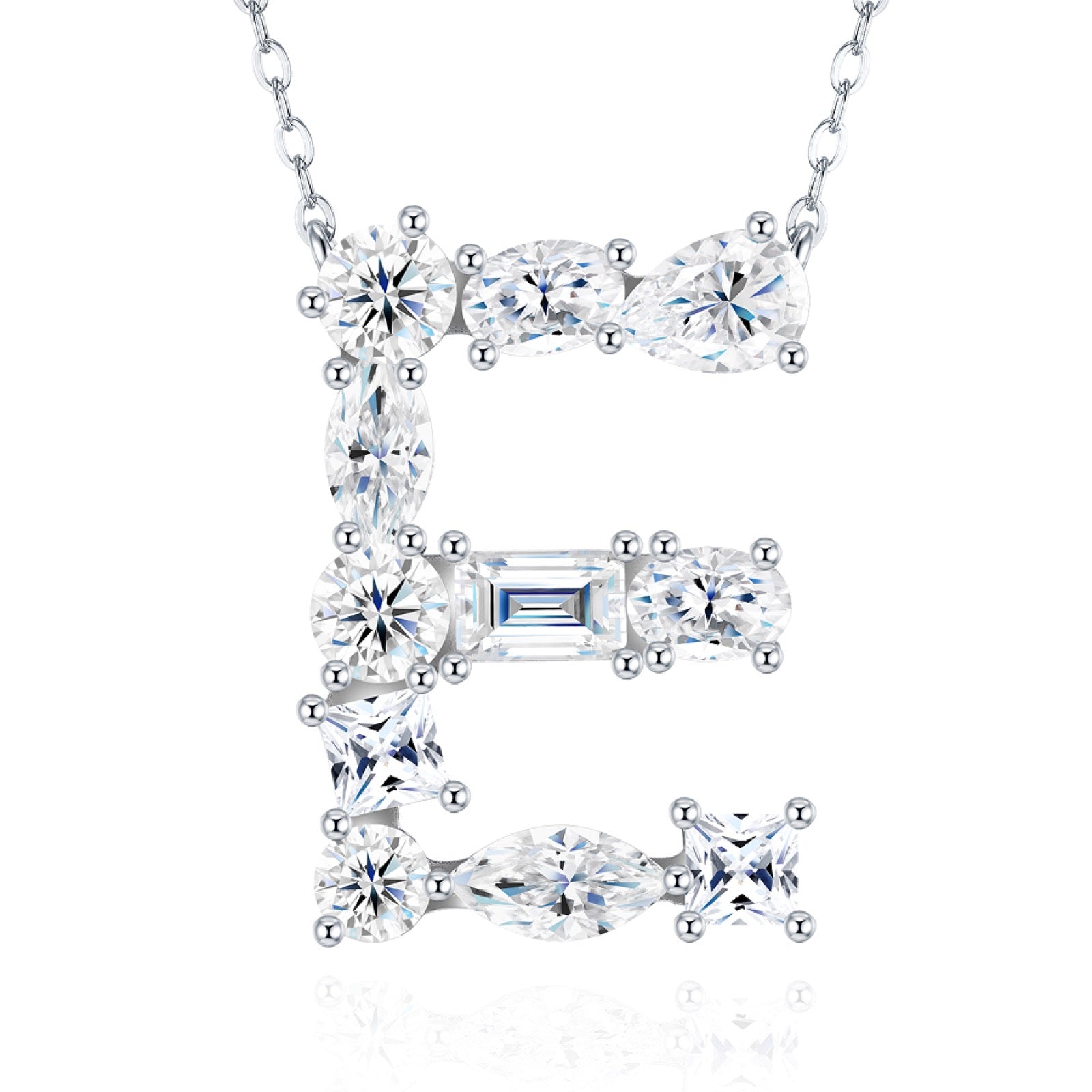 Initial E Moissanite Cluster Initial Pendant Necklace in Sterling Silver