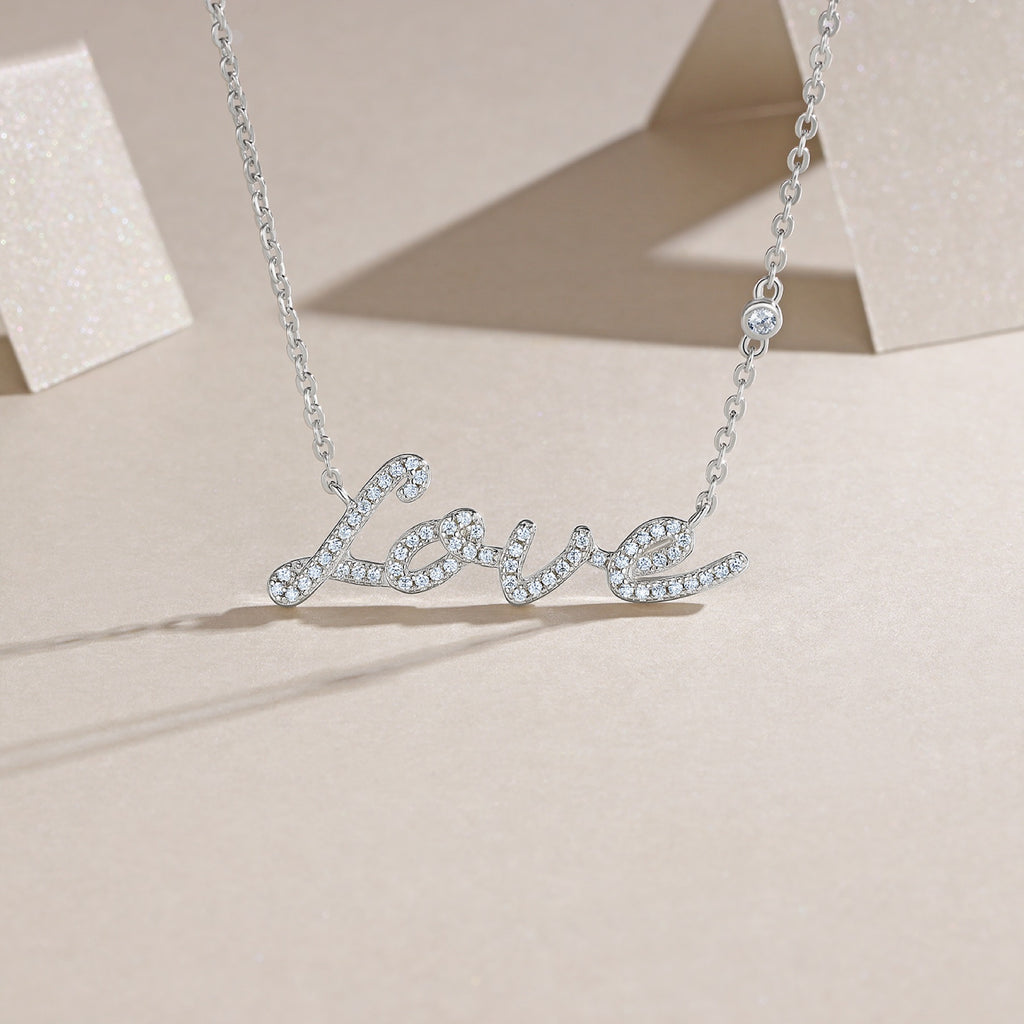 Amore Moissanite Script Necklace in Sterling Silver