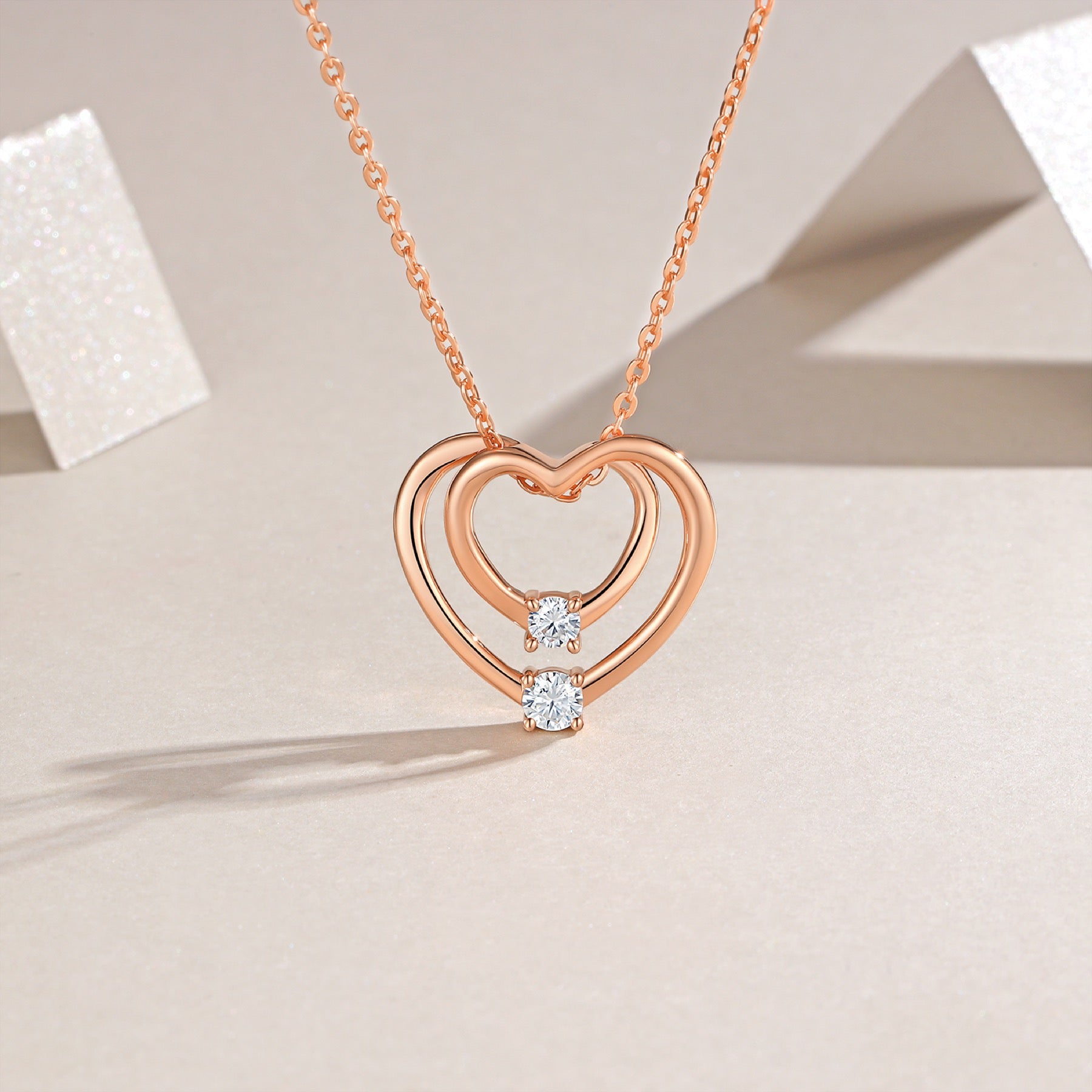 Amoura Moissanite Double Heart Pendant Necklace in Rose Gold-Tone Sterling Silver