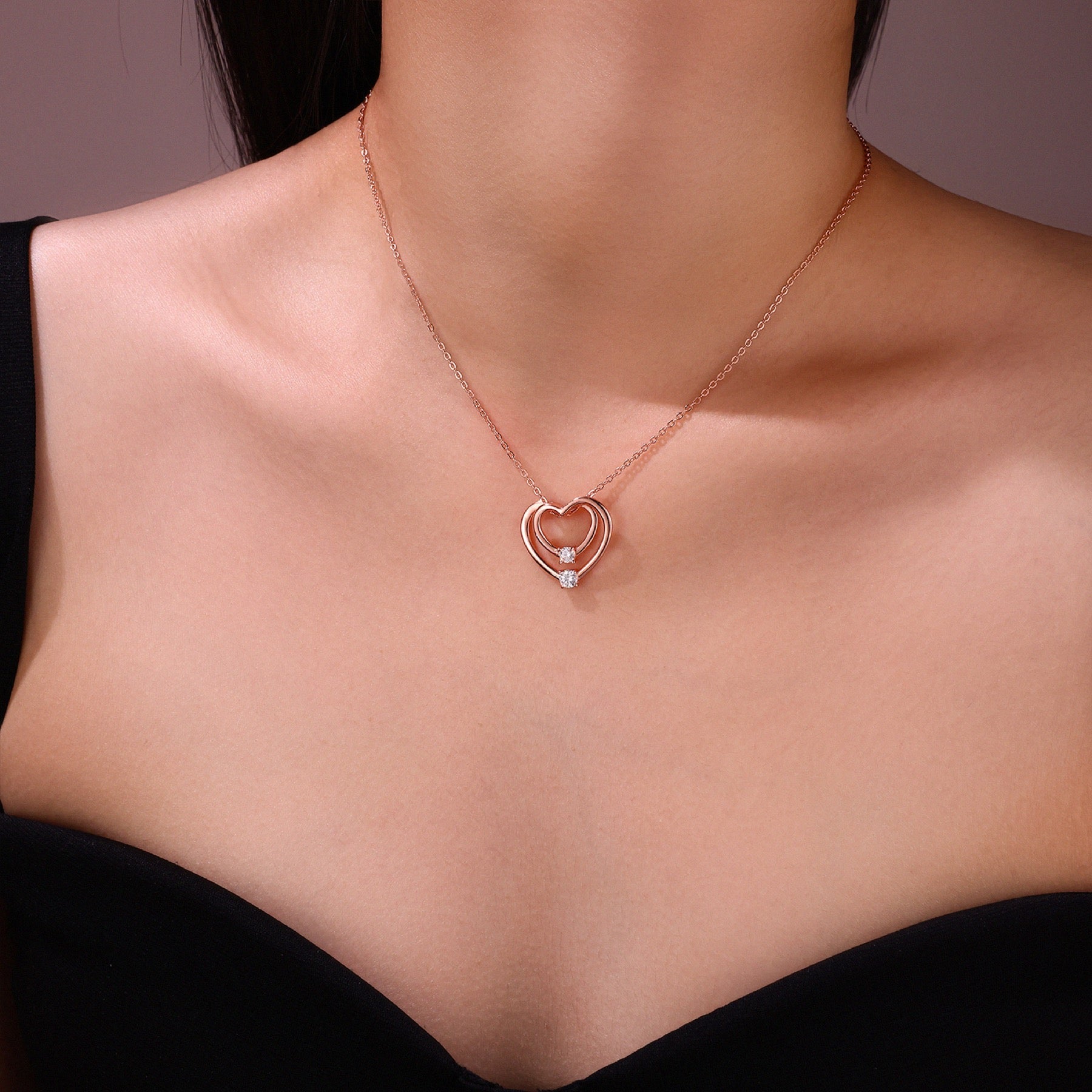 Amoura Moissanite Double Heart Pendant Necklace in Rose Gold-Tone Sterling Silver