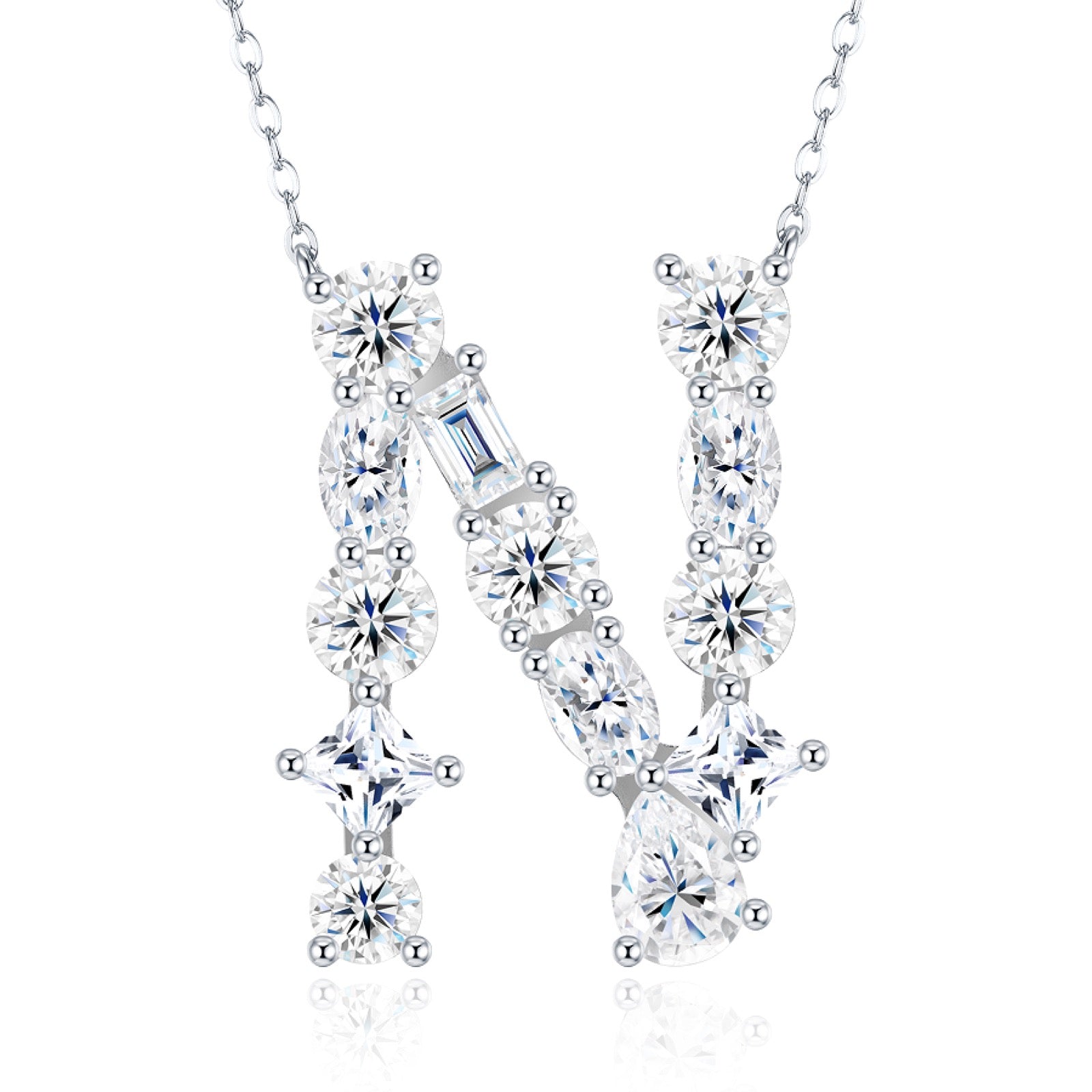 Initial N Moissanite Cluster Initial Pendant Necklace in Sterling Silver