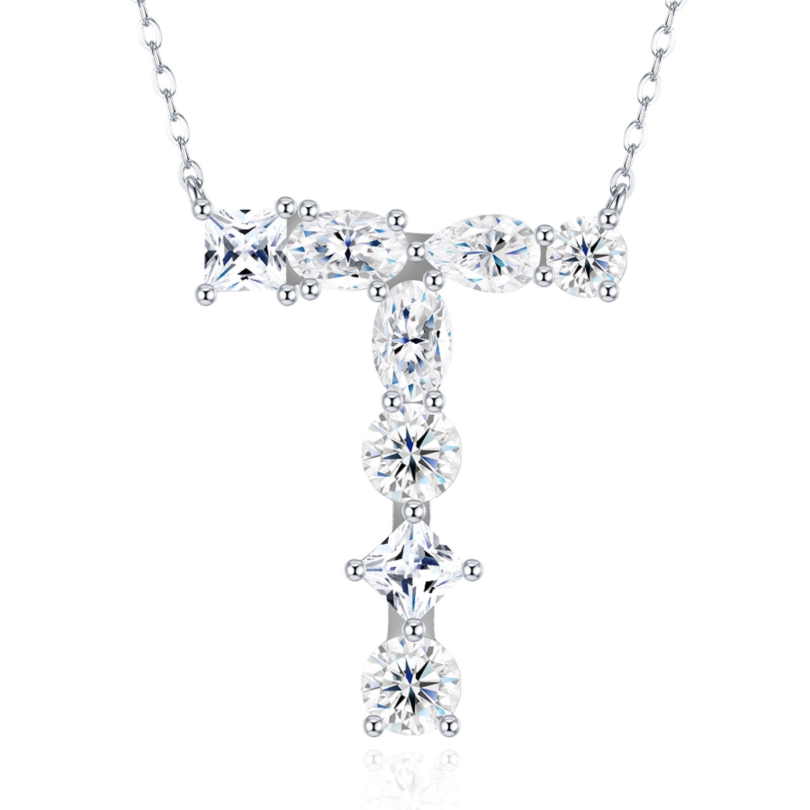 Initial T Moissanite Cluster Initial Pendant Necklace in Sterling Silver