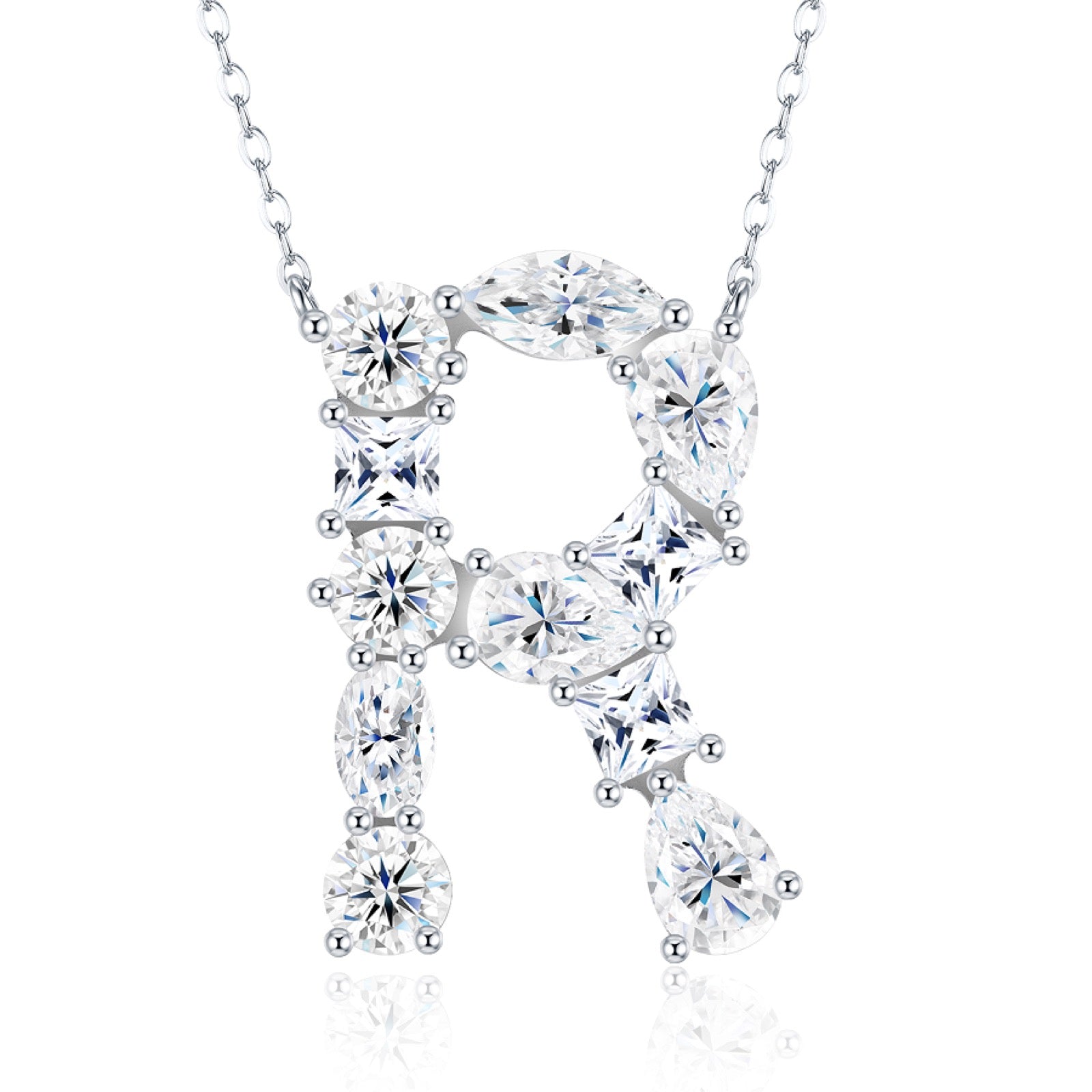 Initial R Moissanite Cluster Initial Pendant Necklace in Sterling Silver