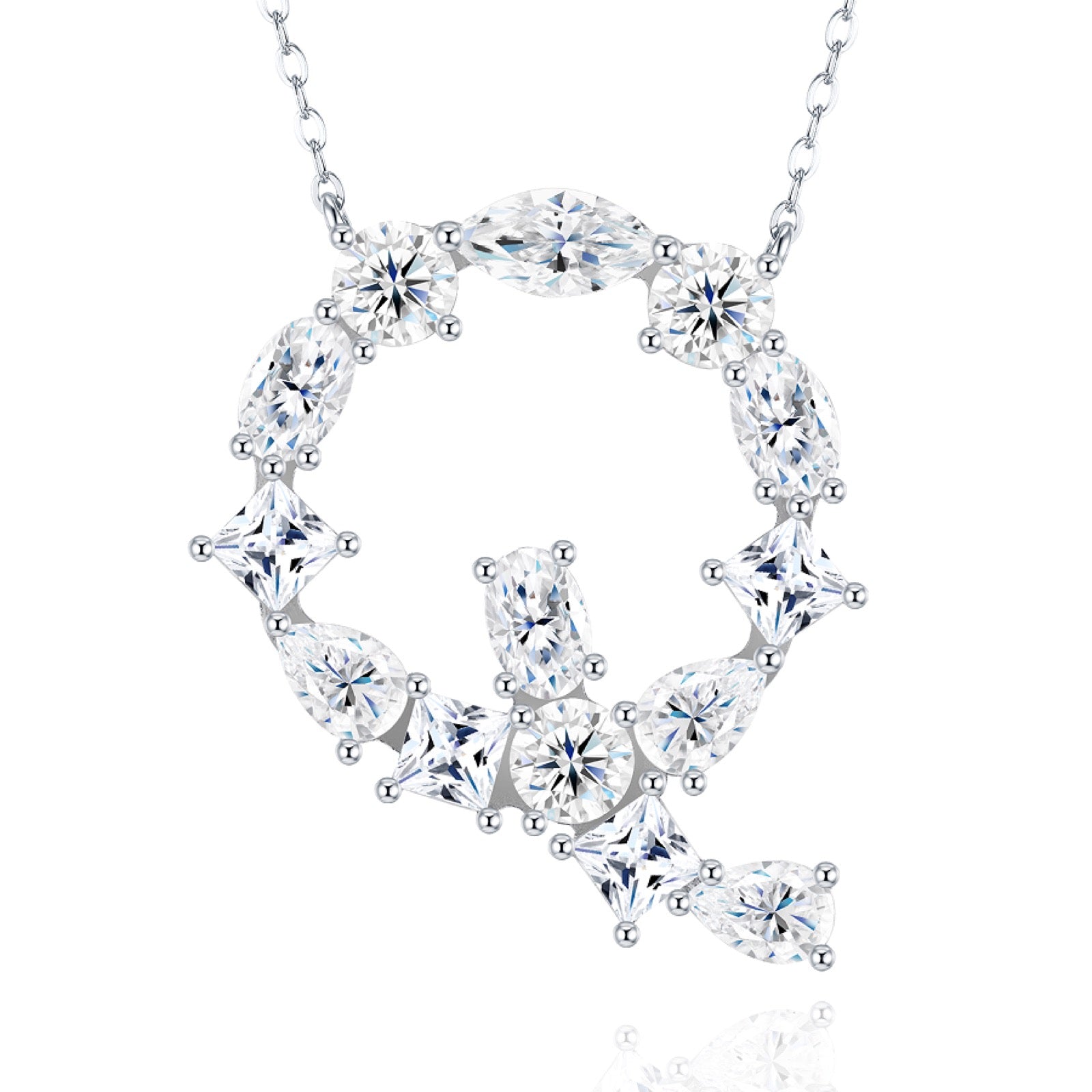 Initial Q Moissanite Cluster Initial Pendant Necklace in Sterling Silver