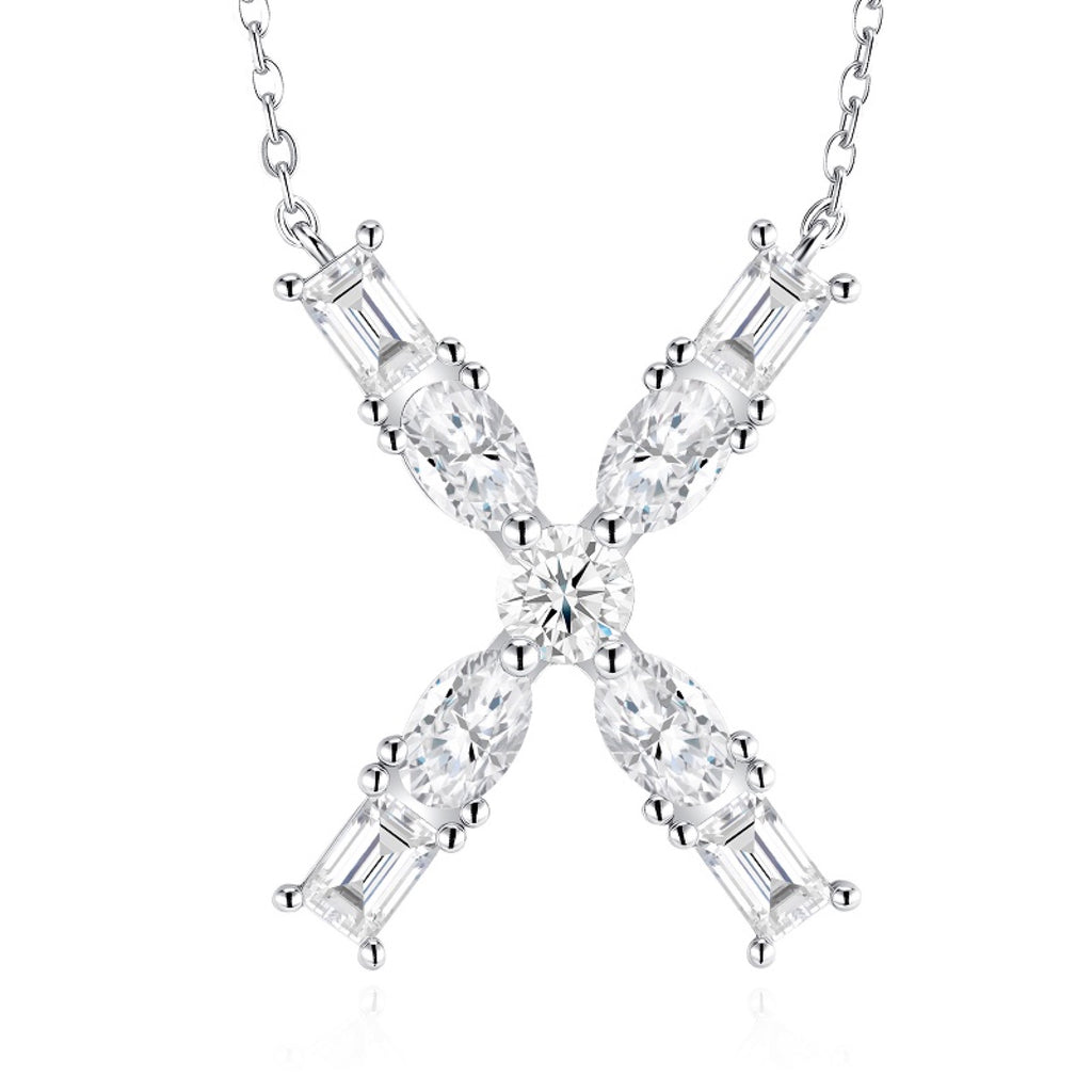 Initial X Moissanite Cluster Initial Pendant Necklace in Sterling Silver