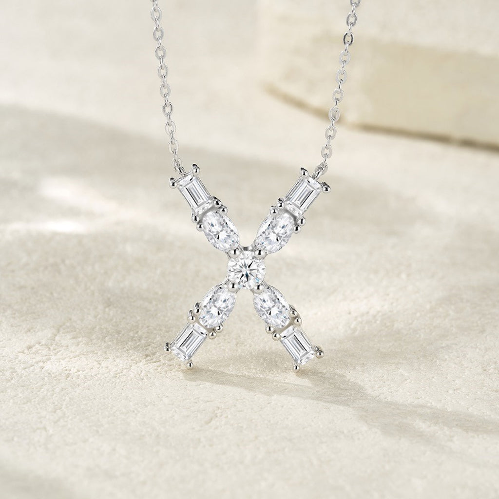 Initial X Moissanite Cluster Initial Pendant Necklace in Sterling Silver