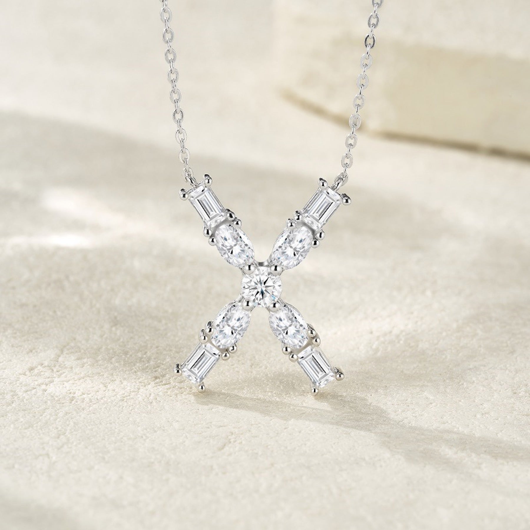 Initial X Moissanite Cluster Initial Pendant Necklace in Sterling Silver