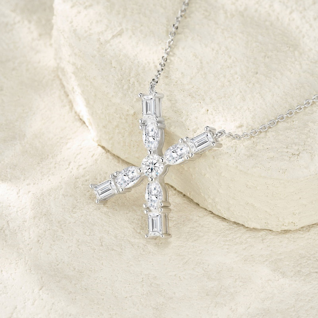 Initial X Moissanite Cluster Initial Pendant Necklace in Sterling Silver