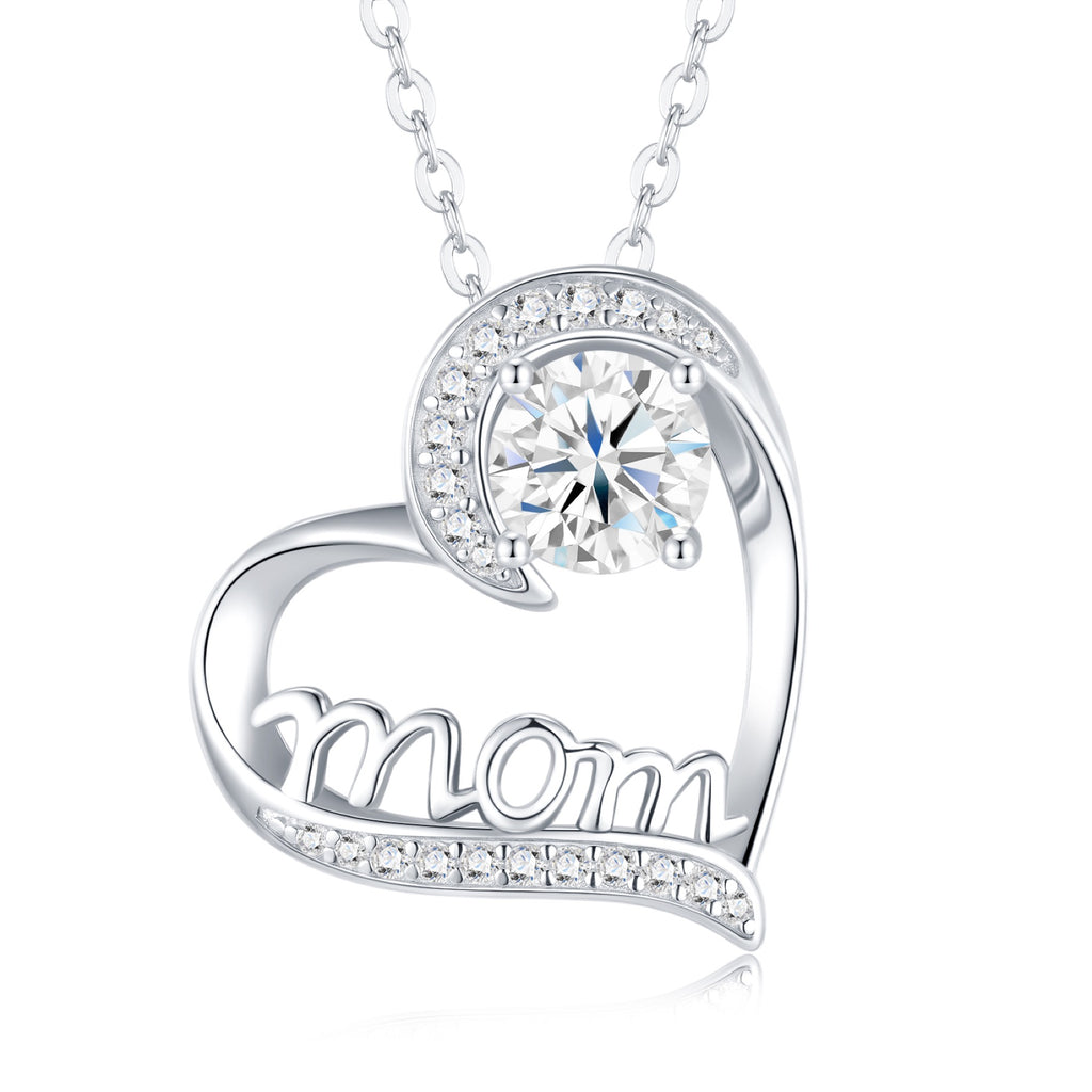 Mom 1 Carat Moissanite Mom Heart Necklace in Sterling Silver