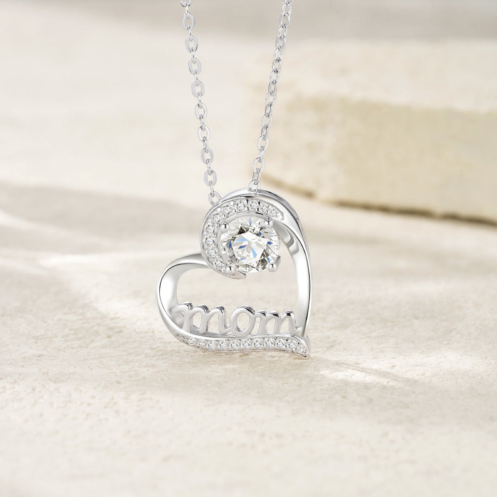 Mom 1 Carat Moissanite Mom Heart Necklace in Sterling Silver